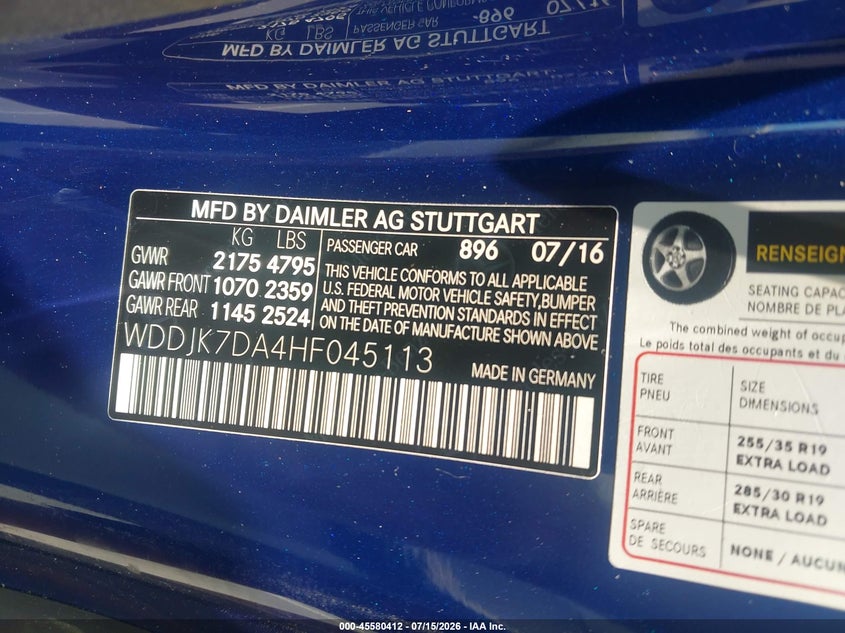 2017 Mercedes-benz VIN WDDJK7DA4HF045113 IAAI salvage auction — WATER/FLOOD, Salvage Title, sold $16,600 on 2026-08-20 (photo 9)