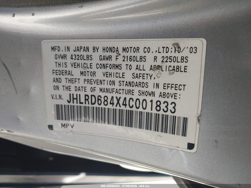 2004 Honda Cr-v VIN JHLRD684X4C001833 IAAI salvage auction — SIDE, Salvage (California), sold $1,225 on 2026-07-15 (photo 9)