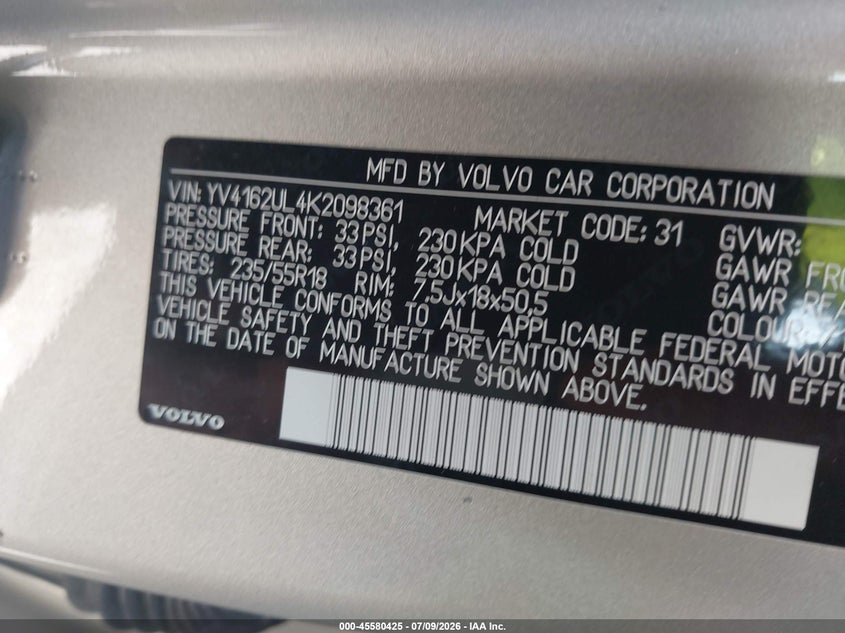 2019 Volvo Xc40 VIN YV4162UL4K2098361 IAAI salvage auction — LEFT FRONT, Clear (Wisconsin), sold $1,500 on 2026-07-21 (photo 9)