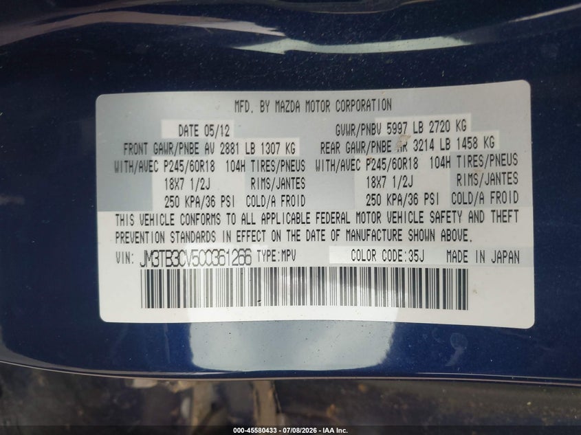 2012 Mazda Cx-9 VIN JM3TB3CV5C0361266 IAAI salvage auction — LEFT FRONT, Clear (Minnesota), sold $500 on 2026-07-27 (photo 9)