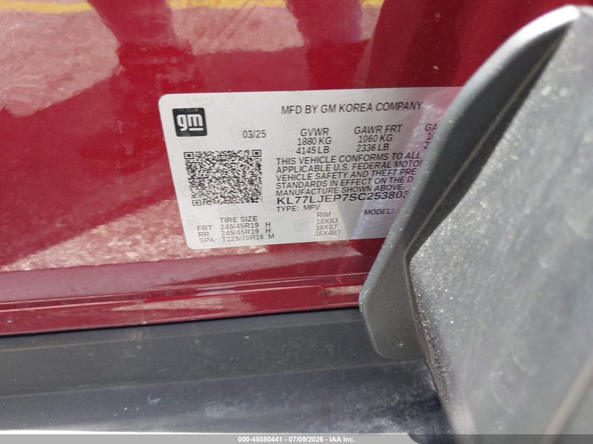 2025 Chevrolet Trax VIN KL77LJEP7SC253803 IAAI salvage auction — NORMAL WEAR, Salvage (Florida), sold $2,675 on 2026-07-30 (photo 9)