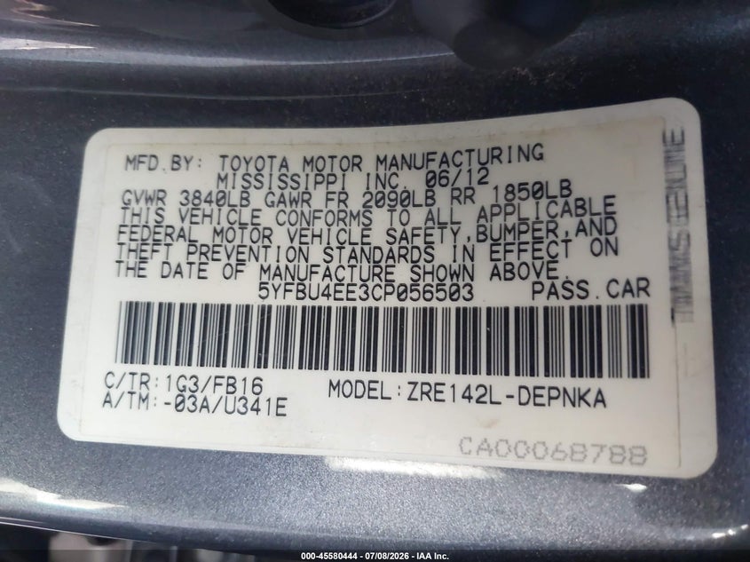 2012 Toyota Corolla VIN 5YFBU4EE3CP056503 IAAI salvage auction — LEFT FRONT, Salvage (Arizona), sold $3,050 on 2026-07-18 (photo 9)