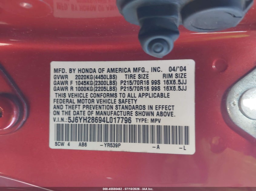 2004 Honda Element VIN 5J6YH28694L017796 IAAI salvage auction — NORMAL WEAR, Original (Texas), sold $925 on 2026-07-20 (photo 9)