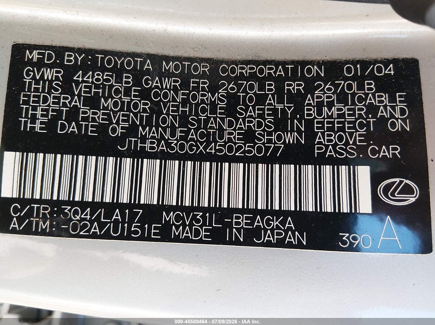2004 Lexus Es 330 VIN JTHBA30GX45025077 IAAI salvage auction — NORMAL WEAR, Clear (Louisiana), sold $700 on 2026-07-29 (photo 9)