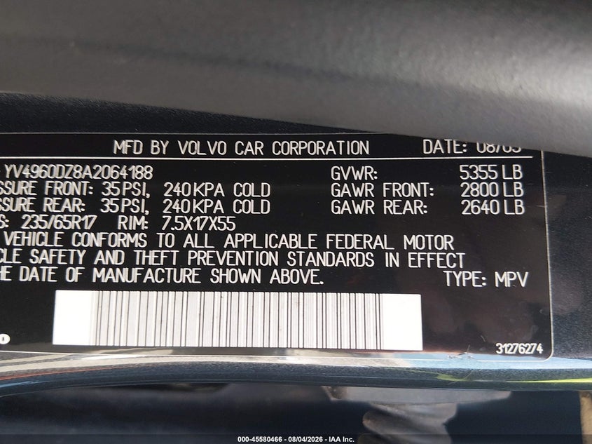 2010 Volvo Xc60 VIN YV4960DZ8A2064188 IAAI salvage auction — NORMAL WEAR, Clear (Virginia), sold $250 on 2026-08-11 (photo 9)