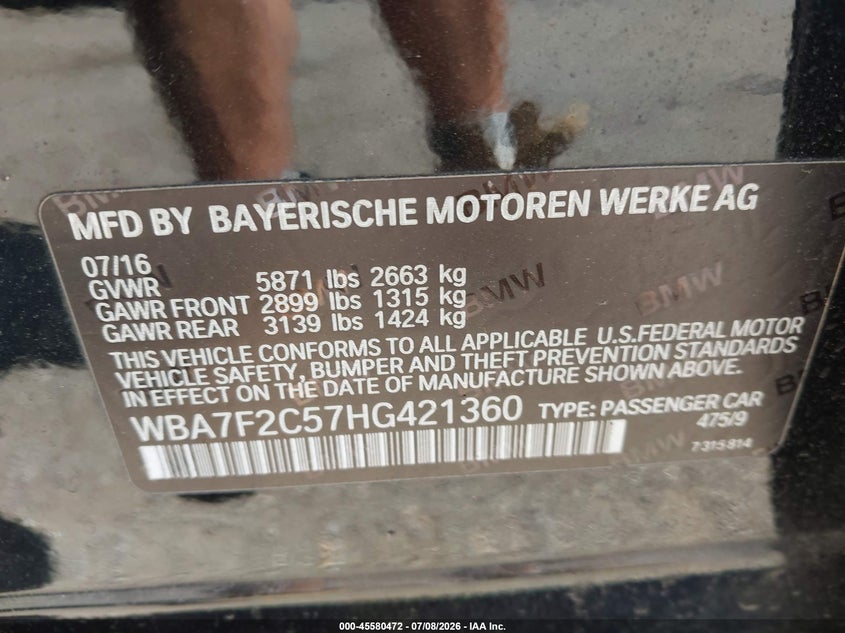 2017 BMW 7er VIN WBA7F2C57HG421360 IAAI salvage auction — NORMAL WEAR, Clear (New York), sold $5,025 on 2026-07-28 (photo 9)