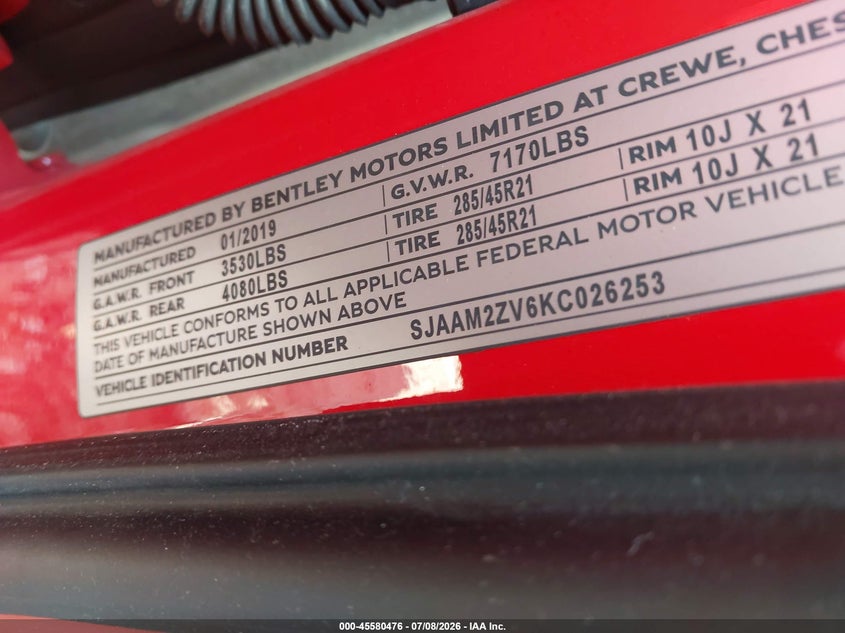 2019 Bentley Bentayga VIN SJAAM2ZV6KC026253 IAAI salvage auction — NORMAL WEAR, Clear (Illinois), sold $16,100 on 2026-07-27 (photo 9)