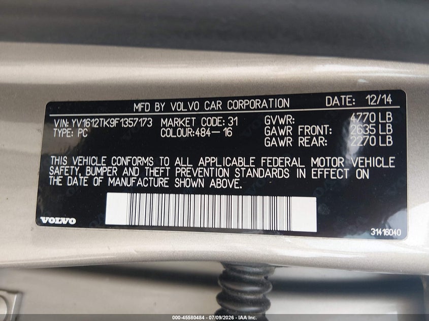 2015 Volvo S60 VIN YV1612TK9F1357173 IAAI salvage auction — RIGHT FRONT, Salvage Title, sold $1,550 on 2026-08-12 (photo 9)