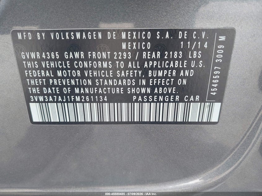 2015 Volkswagen Jetta VIN 3VW3A7AJ1FM261134 IAAI salvage auction — REAR END, Salvage (Pennsylvania), sold $550 on 2026-07-29 (photo 9)