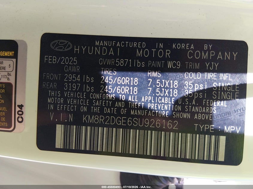 2025 Hyundai Palisade VIN KM8R2DGE6SU926162 IAAI salvage auction — FRONT END, Enterprise Vehicles Clear Only (New Jersey), sold $23,650 on 2026-07-15 (photo 9)