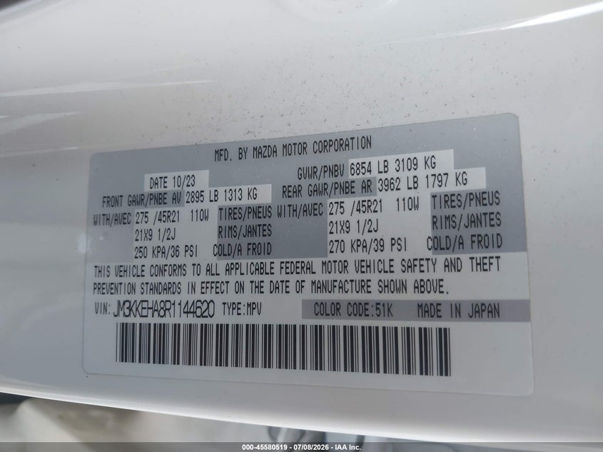 2024 Mazda Cx-90 VIN JM3KKEHA8R1144620 IAAI salvage auction — REAR END, Wait Title, sold $18,200 on 2026-08-27 (photo 9)