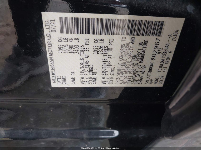 2021 Nissan Rogue VIN 5N1AT3BB6MC802967 IAAI salvage auction — LEFT & RIGHT, Salvage Title, sold $7,100 on 2026-08-21 (photo 9)