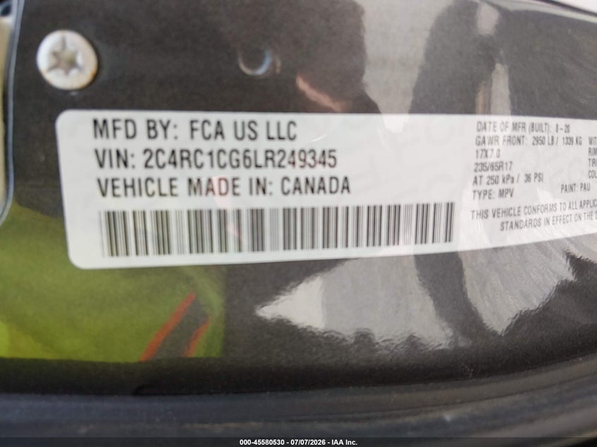 2020 Chrysler Voyager VIN 2C4RC1CG6LR249345 IAAI salvage auction — NORMAL WEAR, Sf97 (North Carolina), sold $10,550 on 2026-08-10 (photo 9)