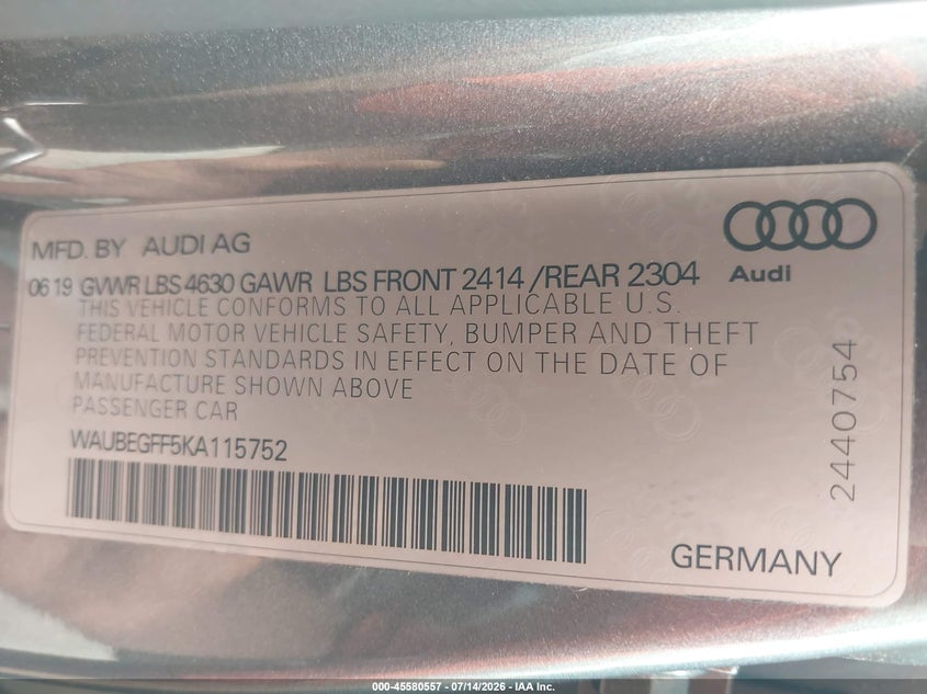 2019 Audi A3 VIN WAUBEGFF5KA115752 IAAI salvage auction — FRONT END, Wait Title, sold $7,575 on 2026-08-14 (photo 9)