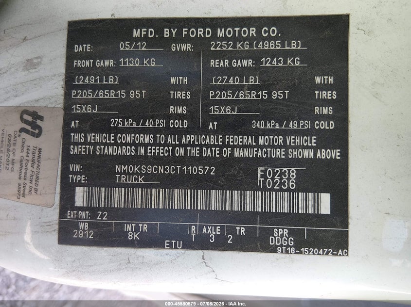 2012 Ford Transit VIN NM0KS9CN3CT110572 IAAI salvage auction — NORMAL WEAR, Regular (Nevada), sold $1,625 on 2026-07-17 (photo 9)