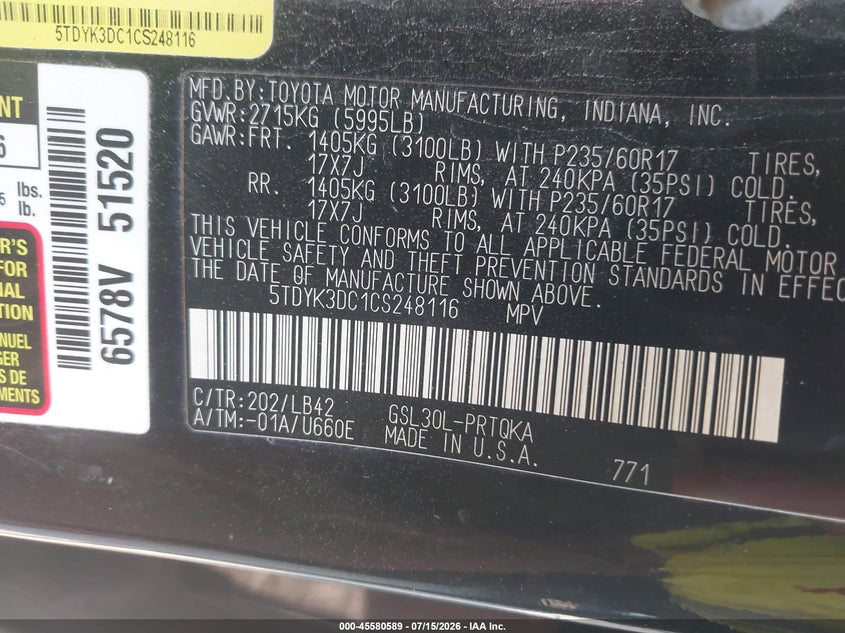 2012 Toyota Sienna VIN 5TDYK3DC1CS248116 IAAI salvage auction — NORMAL WEAR, Clear (Indiana), sold $1,150 on 2026-07-29 (photo 9)