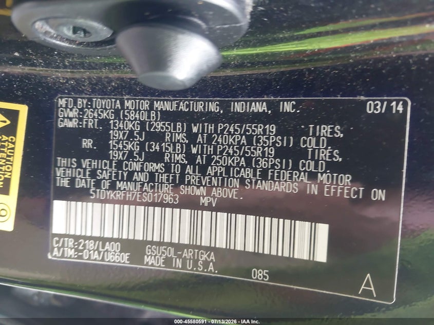 2014 Toyota Highlander VIN 5TDYKRFH7ES017963 IAAI salvage auction — FRONT END, Salvage Title, sold $7,600 on 2026-08-02 (photo 9)