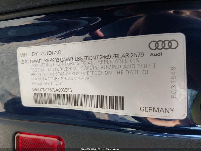 2020 Audi A5 VIN WAUCNCF57LA003556 IAAI salvage auction — LEFT FRONT, Bill Of Sale (Washington), sold $13,400 on 2026-07-22 (photo 9)