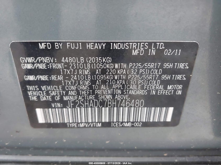 2011 Subaru Forester VIN JF2SHADC7BH746480 IAAI salvage auction — LEFT FRONT, Salvage (Pennsylvania), sold $25 on 2026-07-28 (photo 9)