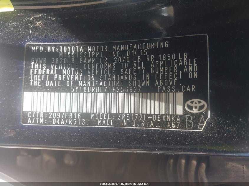 2015 Toyota Corolla VIN 5YFBURHE7FP256927 IAAI salvage auction — REAR END, Salvage (Texas), sold $25 on 2026-07-23 (photo 9)