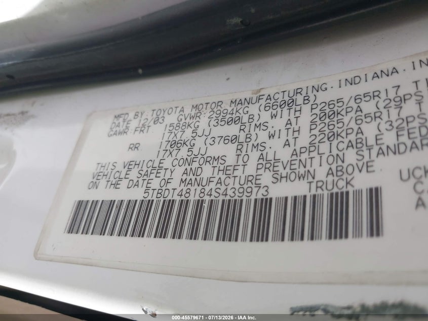 2004 Toyota Tundra VIN 5TBDT48184S439973 IAAI salvage auction — NORMAL WEAR, Clear - Dealer Only (California), sold $1,450 on 2026-07-20 (photo 9)