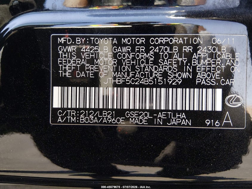 2011 Lexus Is 250 VIN JTHBF5C24B5151929 IAAI salvage auction — NORMAL WEAR, Clear (California), sold $100 on 2026-07-24 (photo 9)