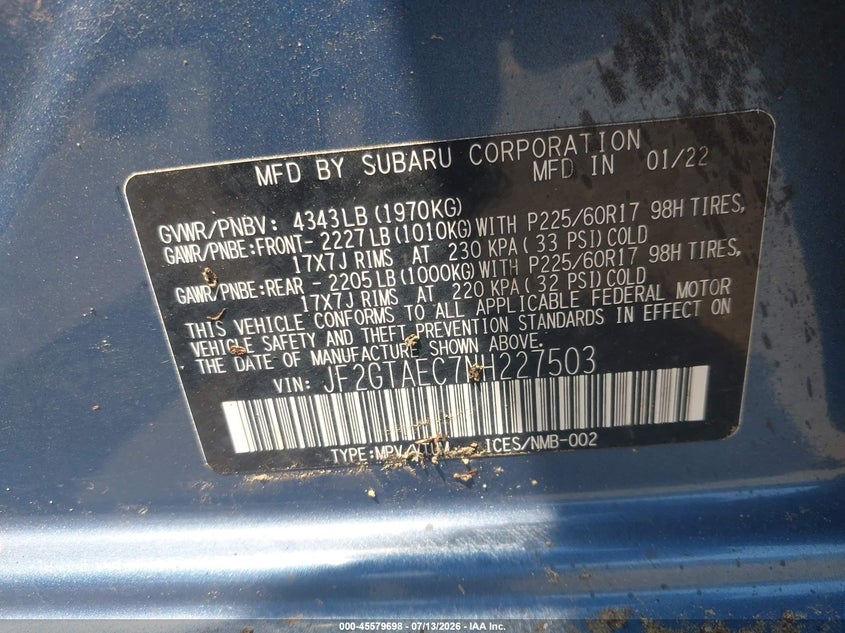 2022 Subaru Xv VIN JF2GTAEC7NH227503 IAAI salvage auction — FRONT END, Salvage Title, sold $1,650 on 2026-07-30 (photo 9)