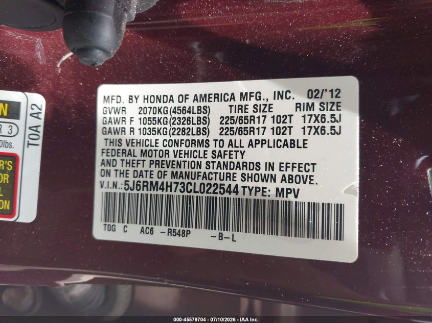 2012 Honda Cr-v VIN 5J6RM4H73CL022544 IAAI salvage auction — SIDE, Salvage (Connecticut), sold $1,750 on 2026-07-29 (photo 9)