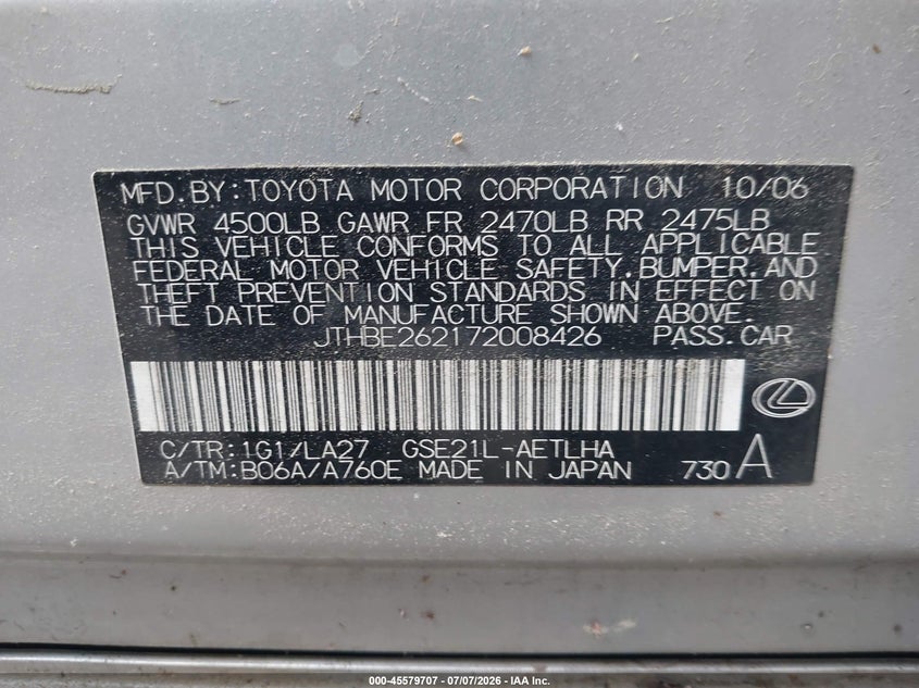 2007 Lexus Is VIN JTHBE262172008426 IAAI salvage auction — NORMAL WEAR, Clear (Virginia), sold $1,375 on 2026-07-28 (photo 9)