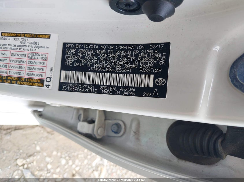 2017 Toyota Corolla VIN JTNKARJE8HJ552691 IAAI salvage auction — FRONT END, Salvage Title, sold $925 on 2026-07-27 (photo 9)