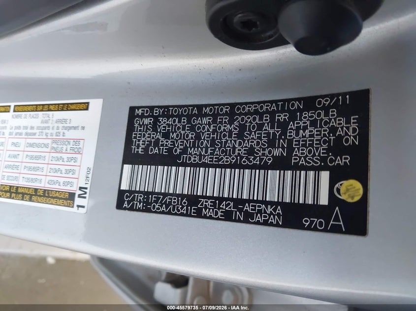2011 Toyota Corolla VIN JTDBU4EE2B9163479 IAAI salvage auction — RIGHT SIDE, Salvage (California), sold $1,500 on 2026-08-01 (photo 9)