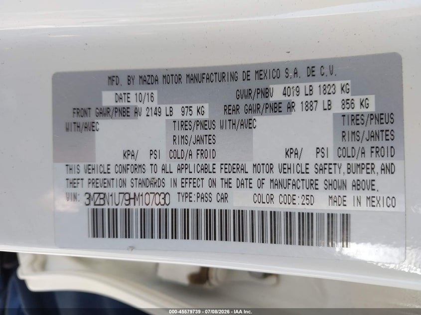 2017 Mazda 3 VIN 3MZBN1U79HM107030 IAAI salvage auction — REAR END, Salvage Title, sold $3,000 on 2026-08-21 (photo 9)
