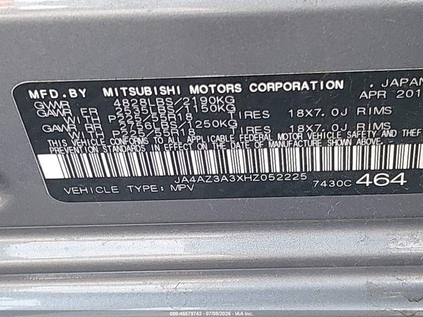 2017 Mitsubishi Outlander VIN JA4AZ3A3XHZ052225 IAAI salvage auction — REAR END, Salvage Title, sold $2,250 on 2026-07-31 (photo 9)