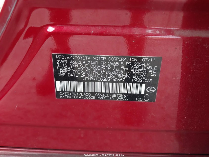 2011 Lexus Es 350 VIN JTHBK1EG2B2460667 IAAI salvage auction — NORMAL WEAR, Clear (Florida), sold $1,050 on 2026-07-22 (photo 9)