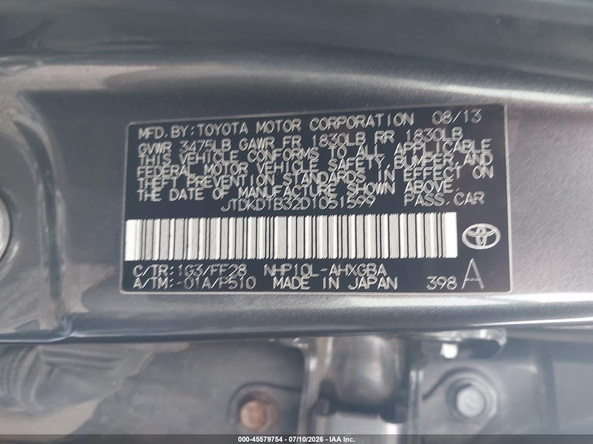 2013 Toyota Prius c VIN JTDKDTB32D1051599 IAAI salvage auction — REAR END, Salvage (Ohio), sold $800 on 2026-07-30 (photo 9)
