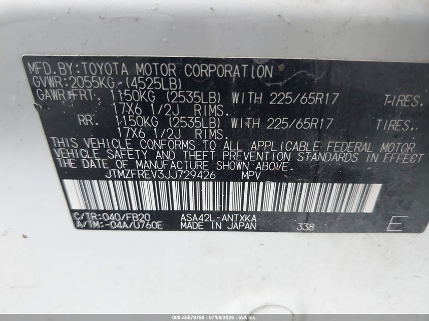 2018 Toyota Rav 4 VIN JTMZFREV3JJ729426 IAAI salvage auction — FRONT END, Rebuildable (Florida), sold $25 on 2026-07-28 (photo 9)