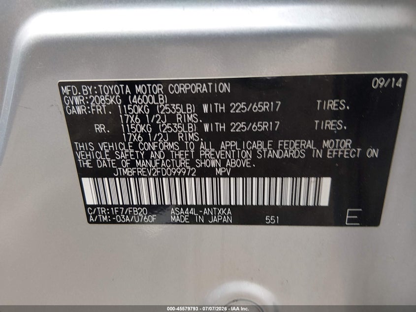 2015 Toyota Rav 4 VIN JTMBFREV2FD099972 IAAI salvage auction — NORMAL WEAR, Salvage Title, sold $225 on 2026-07-16 (photo 9)