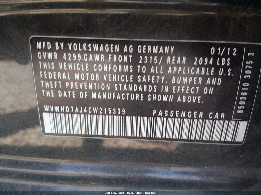 2012 Volkswagen Gti VIN WVWHD7AJ4CW215339 IAAI salvage auction — NORMAL WEAR, Salvage Title, sold $300 on 2026-08-03 (photo 9)