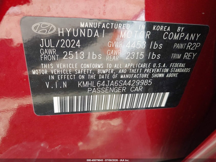 2025 Hyundai Sonata VIN KMHL64JA6SA429985 IAAI salvage auction — FRONT END, Certificate Of Destruction (Florida), sold $6,300 on 2026-07-20 (photo 9)