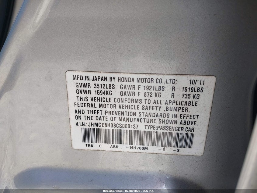 2012 Honda Fit VIN JHMGE8H38CS000137 IAAI salvage auction — FRONT END, Salvage (Pennsylvania), sold $375 on 2026-07-24 (photo 9)