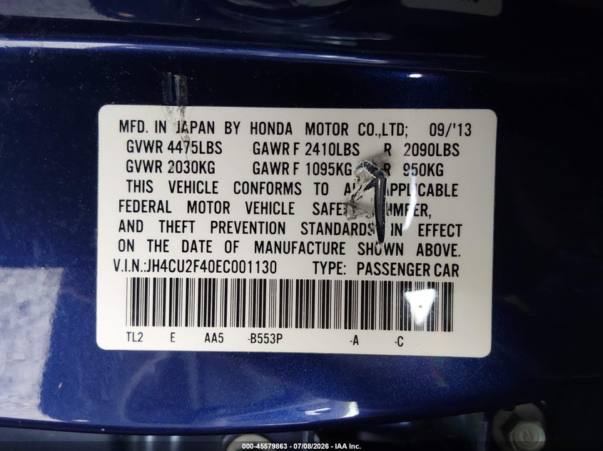 2014 Acura Tsx VIN JH4CU2F40EC001130 IAAI salvage auction — LEFT & RIGHT, Salvage Title, sold $4,050 on 2026-07-29 (photo 9)