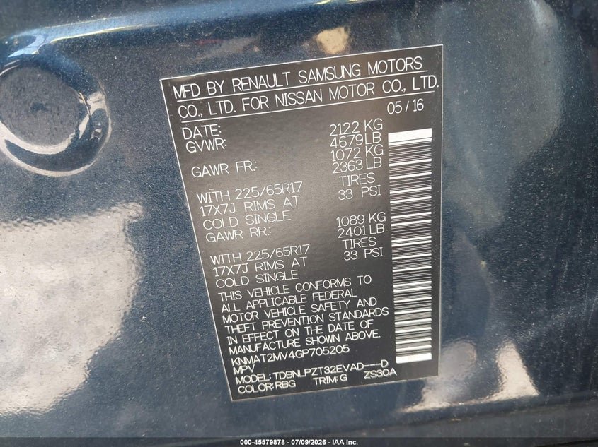 2016 Nissan Rogue VIN KNMAT2MV4GP705205 IAAI salvage auction — FRONT END, Clear (Massachusetts), sold $500 on 2026-07-21 (photo 9)