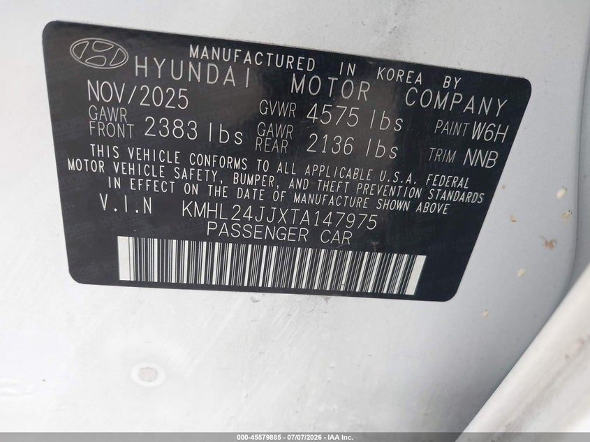 2026 Hyundai Sonata VIN KMHL24JJXTA147975 IAAI salvage auction — FRONT END, Salvage Title, sold $10,675 on 2026-07-30 (photo 9)