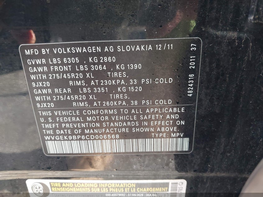 2012 Volkswagen Touareg VIN WVGEK9BP6CD006568 IAAI salvage auction — NORMAL WEAR, Clear (New York), sold $1,500 on 2026-07-28 (photo 9)