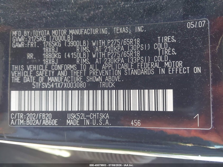 2007 Toyota Tundra VIN 5TFSV541X7X003080 IAAI salvage auction — ENGINE DAMAGE, Clear - Dealer Only (California), sold $2,050 on 2026-07-28 (photo 9)