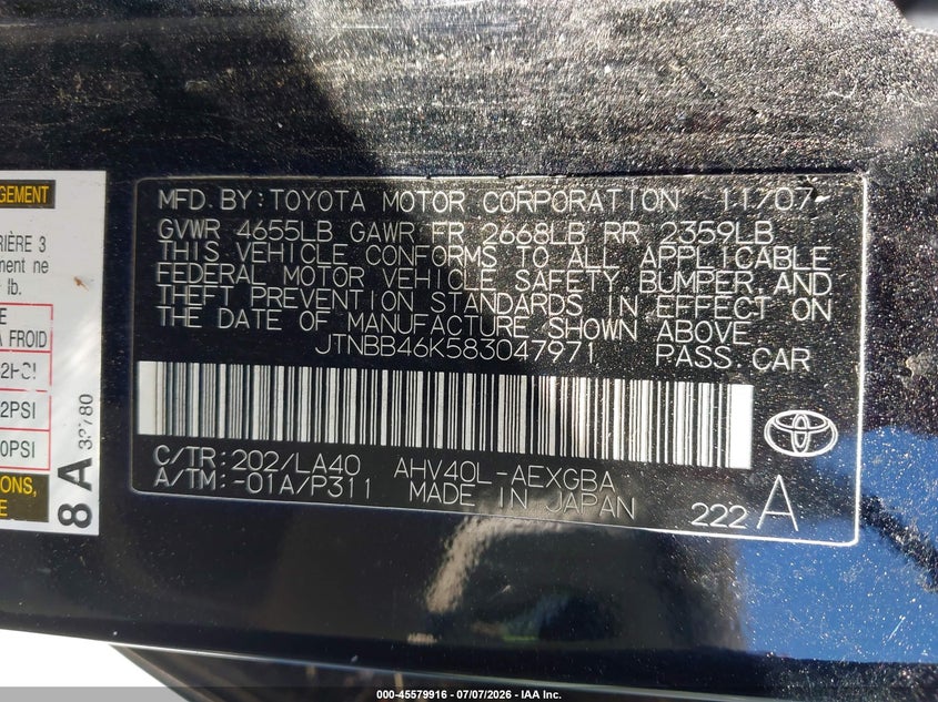 2008 Toyota Camry hybrid VIN JTNBB46K583047971 IAAI salvage auction — NORMAL WEAR, Clear - Dealer Only (California), sold $425 on 2026-07-23 (photo 9)