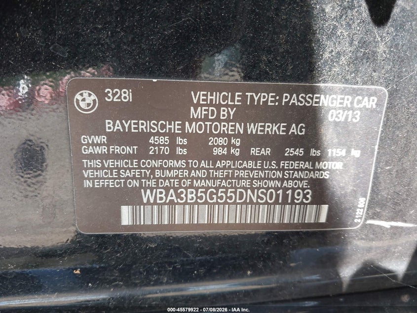 2013 BMW 3 series VIN WBA3B5G55DNS01193 IAAI salvage auction — NORMAL WEAR, Clear (New Jersey), sold $650 on 2026-07-30 (photo 9)