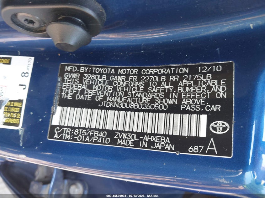 2011 Toyota Prius VIN JTDKN3DU8B0260500 IAAI salvage auction — UNKNOWN, Salvage (Massachusetts), sold $600 on 2026-07-21 (photo 9)