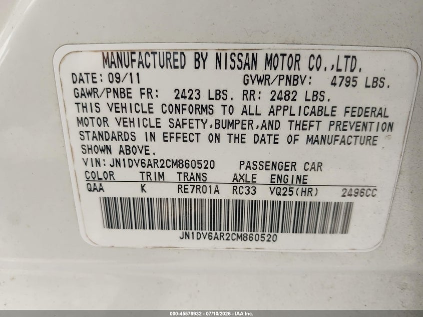 2012 Infiniti G25 VIN JN1DV6AR2CM860520 IAAI salvage auction — NORMAL WEAR, Clear (Virginia), sold $300 on 2026-07-30 (photo 9)