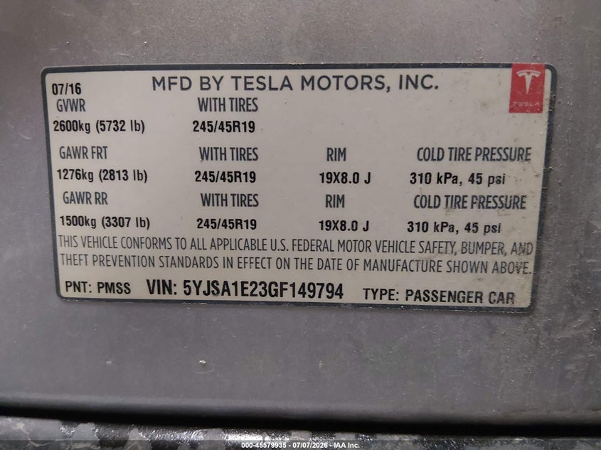 2016 Tesla Model s VIN 5YJSA1E23GF149794 IAAI salvage auction — REAR END, Original - Reconstructed (Alaska), sold $5,000 on 2026-07-10 (photo 9)